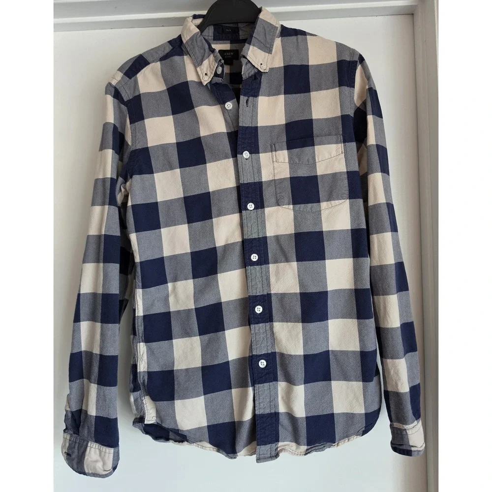 J.Crew Men's Long Sleeve Flannel Button-Up Shirt S Blue Beige Check Cotton